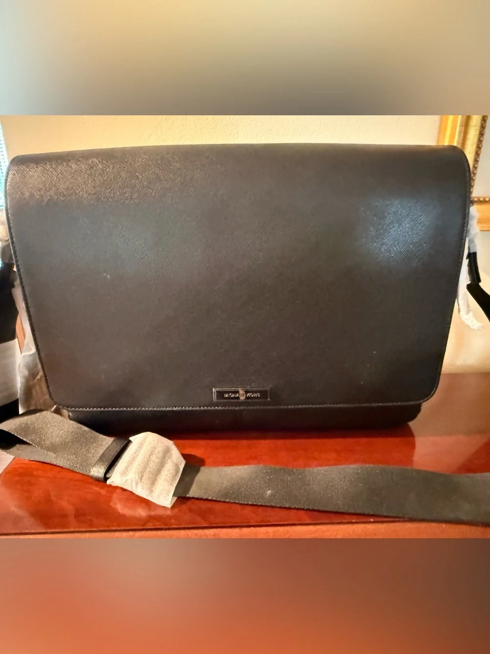 Michael Kors Men's Large Black Leather Briefcase with Logo Plaque